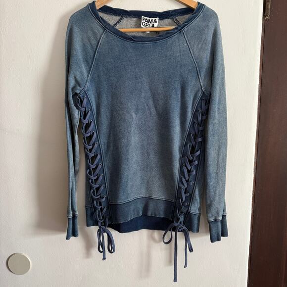 Pam & Gela Tops - PAM & GELA Indigo wash Blue French Terry Sweatshirt with Lace Sides Extra Small